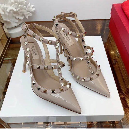 Sandalias clásicas de tacón alto de cuero genuino para mujer- Elegantes y sofisticadas, estas sandalias cuentan con un tacón alto clásico, ideales para fiestas y bodas de verano, fabricadas en cuero genuino, ofrecen comod