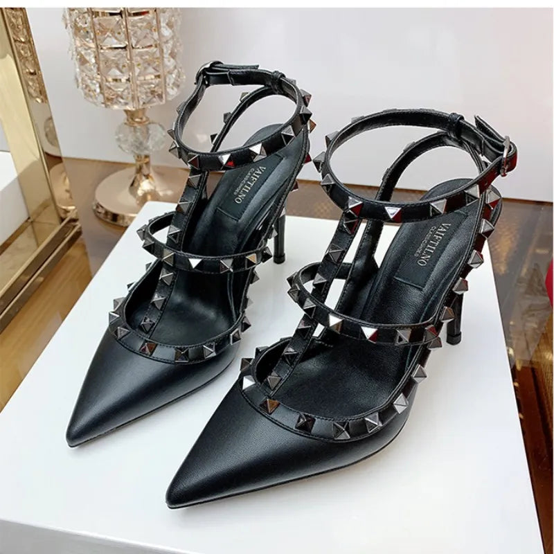 Sandalias clásicas de tacón alto de cuero genuino para mujer- Elegantes y sofisticadas, estas sandalias cuentan con un tacón alto clásico, ideales para fiestas y bodas de verano, fabricadas en cuero genuino, ofrecen comod