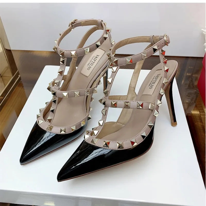 Sandalias clásicas de tacón alto de cuero genuino para mujer- Elegantes y sofisticadas, estas sandalias cuentan con un tacón alto clásico, ideales para fiestas y bodas de verano, fabricadas en cuero genuino, ofrecen comod